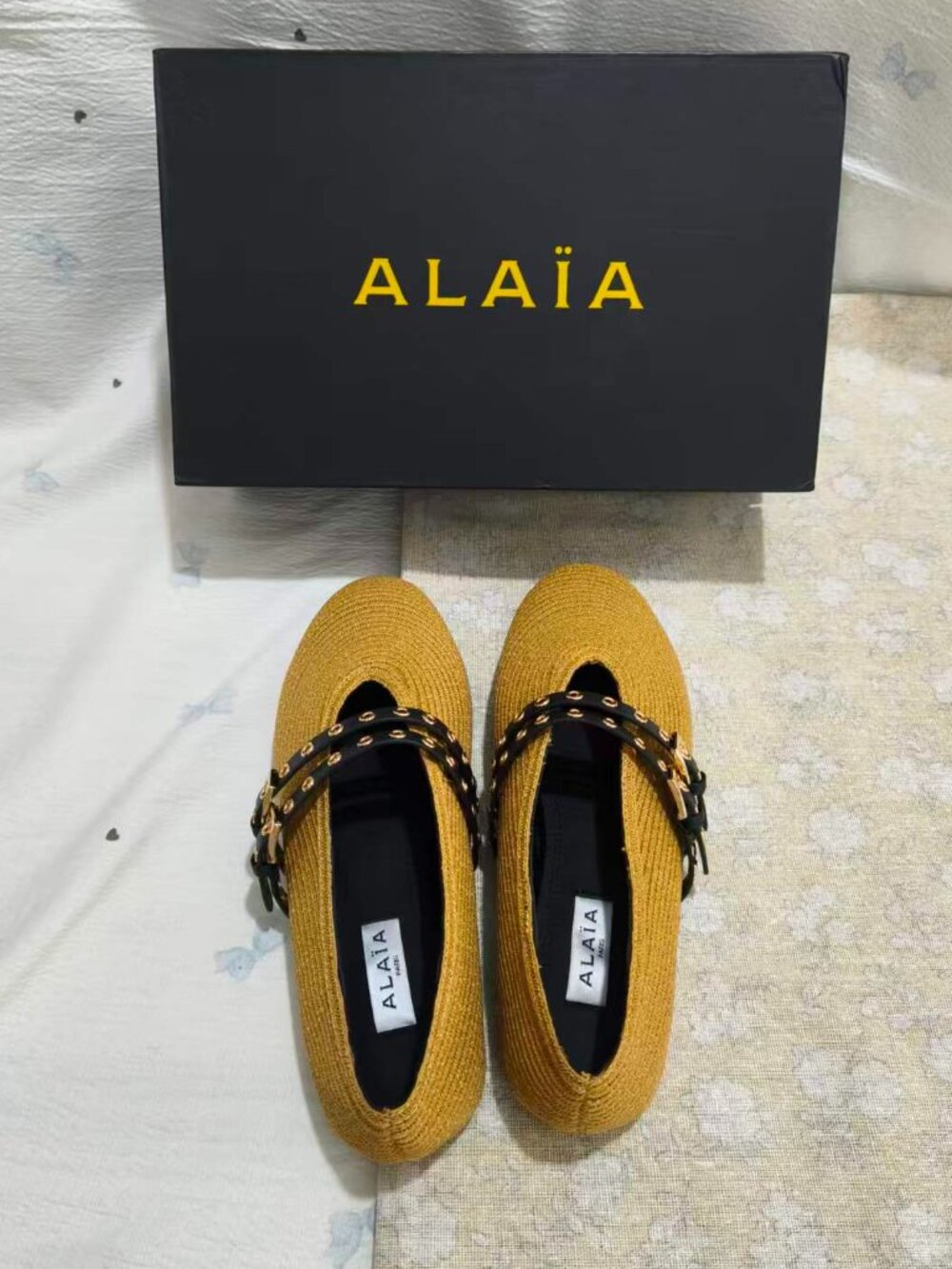 Alaia Paris Tan Woven Raffia Mary Jane Flats Double Strap Gold Grommets Ballerin